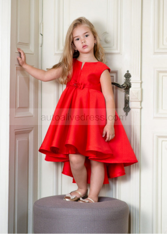 Red Mikado Tea Length Flower Girl Dress